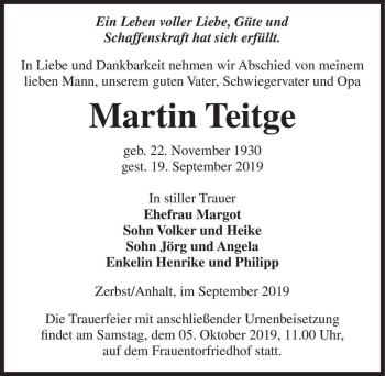 Traueranzeige von Martin Teitge  von Magdeburger Volksstimme