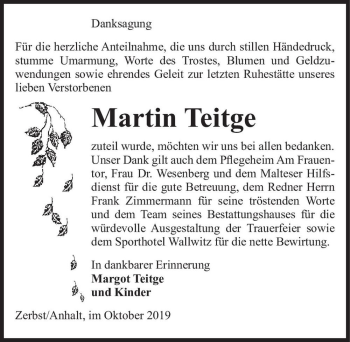 Traueranzeigen von Martin Teitge www.abschiednehmen.de