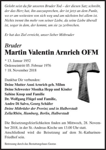Traueranzeige von Martin Valentin Arnrich  von Magdeburger Volksstimme