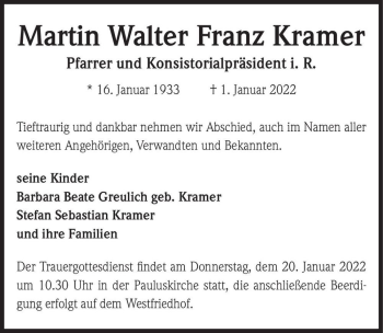 Traueranzeige von Martin Walter Franz Kramer  von Magdeburger Volksstimme