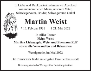 Traueranzeige von Martin Weist  von Magdeburger Volksstimme