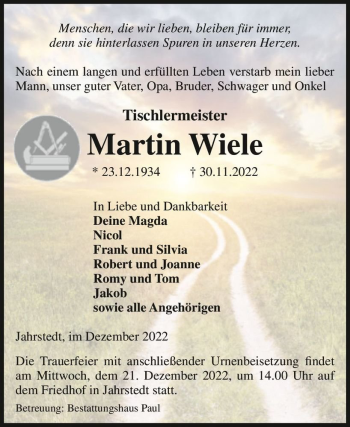 Traueranzeige von Martin Wiele  von Magdeburger Volksstimme