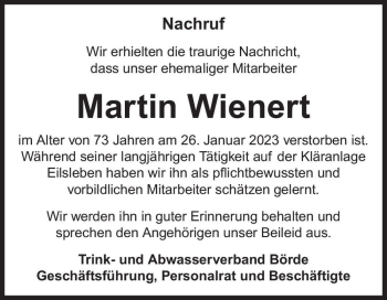 Traueranzeige von Martin Wienert  von Magdeburger Volksstimme