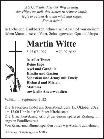 Traueranzeige von Martin Witte  von Magdeburger Volksstimme