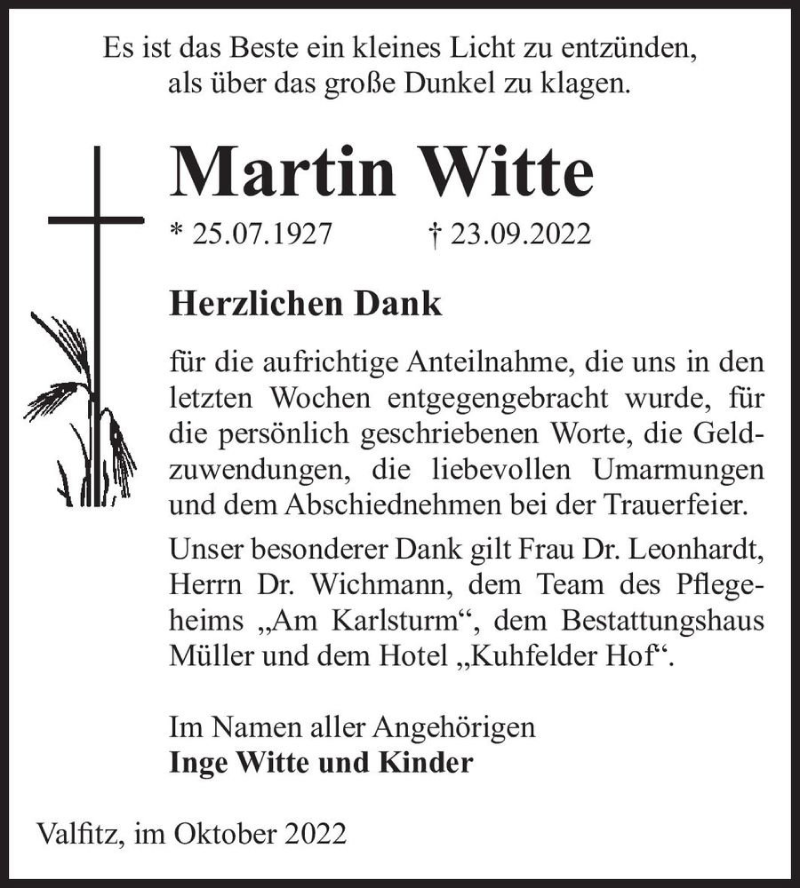  Traueranzeige für Martin Witte  vom 22.10.2022 aus Magdeburger Volksstimme