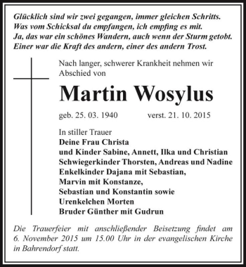 Traueranzeige von Martin Wosylus  von Magdeburger Volksstimme