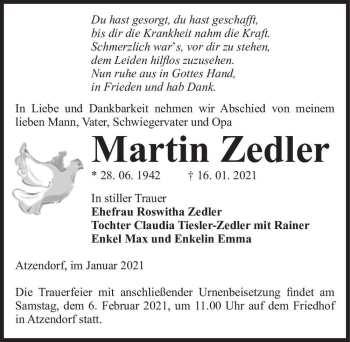 Traueranzeige von Martin Zedler  von Magdeburger Volksstimme