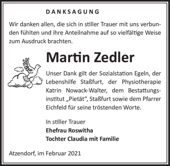 Traueranzeige von Martin Zedler  von Magdeburger Volksstimme