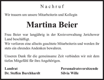 Traueranzeige von Martina Beier  von Magdeburger Volksstimme