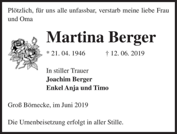 Traueranzeige von Martina Berger  von Magdeburger Volksstimme