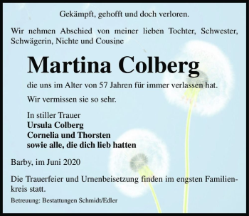 Traueranzeige von Martina Colberg  von Magdeburger Volksstimme