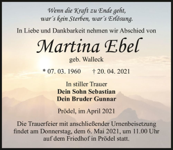 Traueranzeige von Martina Ebel (geb. Walleck)  von Magdeburger Volksstimme