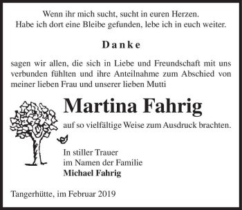 Traueranzeige von Martina Fahrig  von Magdeburger Volksstimme