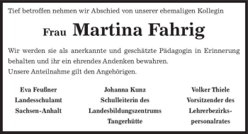 Traueranzeige von Martina Fahrig  von Magdeburger Volksstimme