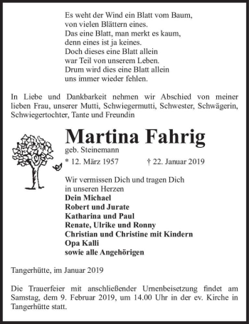 Traueranzeige von Martina Fahrig (geb. Steinemann)  von Magdeburger Volksstimme