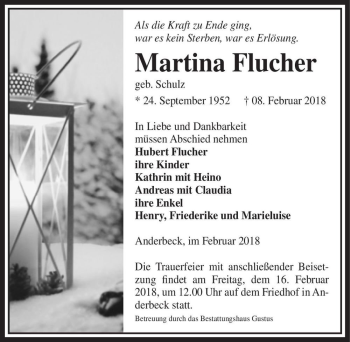 Traueranzeige von Martina Flucher (geb. Schulz)  von Magdeburger Volksstimme