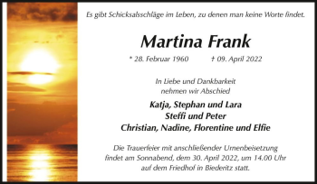 Traueranzeige von Martina Frank  von Magdeburger Volksstimme