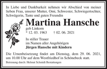 Traueranzeige von Martina Hansche (geb. Linkorn)  von Magdeburger Volksstimme