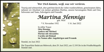 Traueranzeige von Martina Hennigs (geb. Wolf)  von Magdeburger Volksstimme