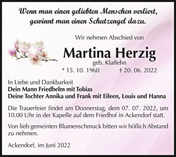 Traueranzeige von Martina Herzig (geb. Klaffehn)  von Magdeburger Volksstimme
