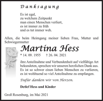 Traueranzeige von Martina Hess  von Magdeburger Volksstimme