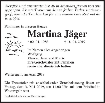 Traueranzeige von Martina Jäger  von Magdeburger Volksstimme