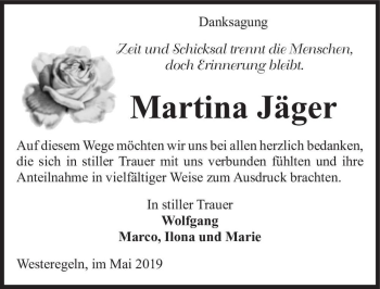 Traueranzeige von Martina Jäger  von Magdeburger Volksstimme