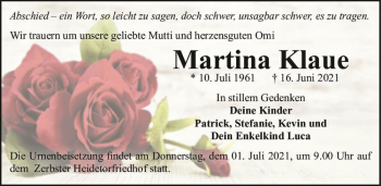 Traueranzeige von Martina Klaue  von Magdeburger Volksstimme