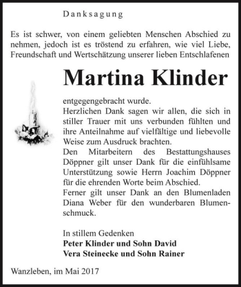 Traueranzeige von Martina Klinder  von Magdeburger Volksstimme