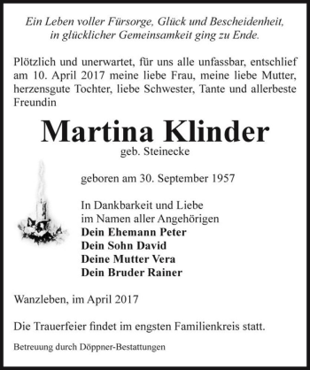 Traueranzeige von Martina Klinder (geb. Steinecke)  von Magdeburger Volksstimme