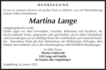Traueranzeige von Martina Lange  von Magdeburger Volksstimme