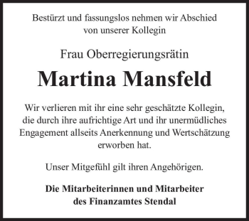 Traueranzeige von Martina Mansfeld  von Magdeburger Volksstimme