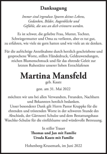 Traueranzeige von Martina Mansfeld (geb. Kautz)  von Magdeburger Volksstimme