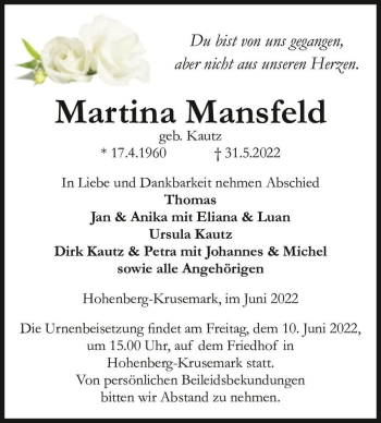 Traueranzeige von Martina Mansfeld (geb. Kautz)  von Magdeburger Volksstimme