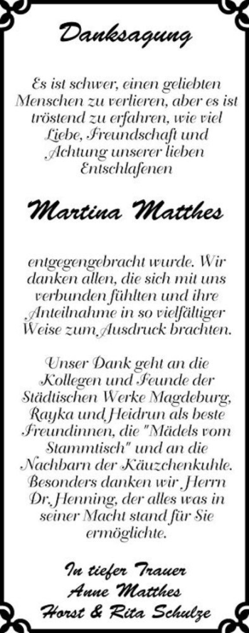 Traueranzeige von Martina Matthes  von Magdeburger Volksstimme