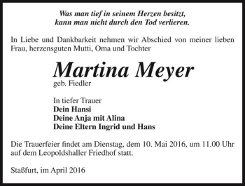 Traueranzeige von Martina Meyer (geb. Fiedler)  von Magdeburger Volksstimme