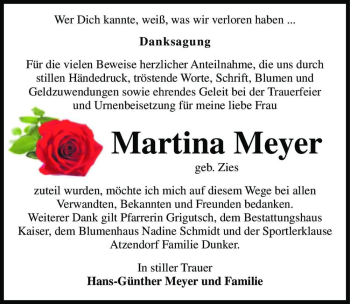 Traueranzeige von Martina Meyer (geb. Zies)  von Magdeburger Volksstimme