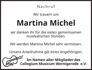 Traueranzeige von Martina Michel  von Magdeburger Volksstimme
