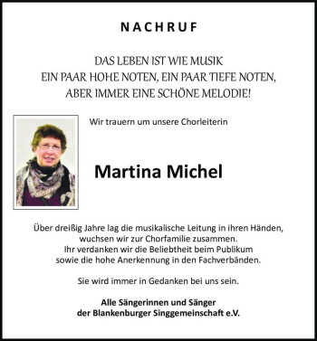 Traueranzeige von Martina Michel  von Magdeburger Volksstimme