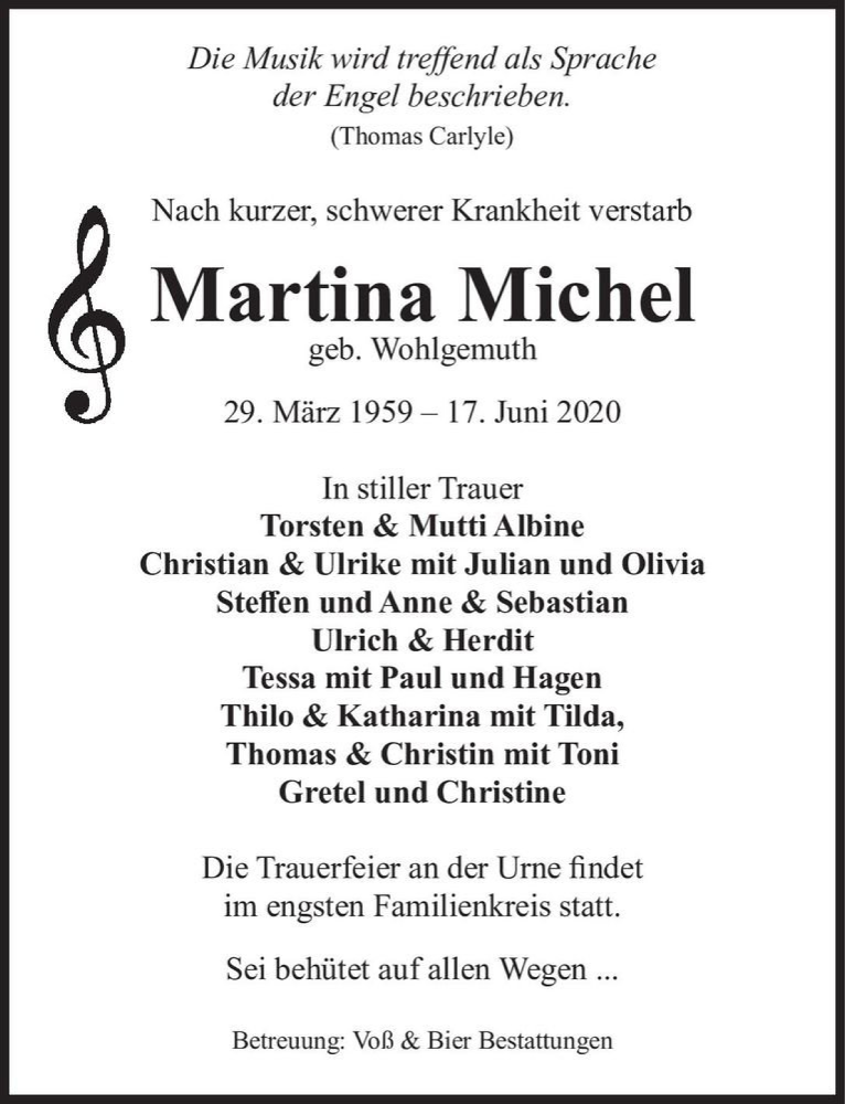  Traueranzeige für Martina Michel (geb. Wohlgemuth)  vom 20.06.2020 aus Magdeburger Volksstimme