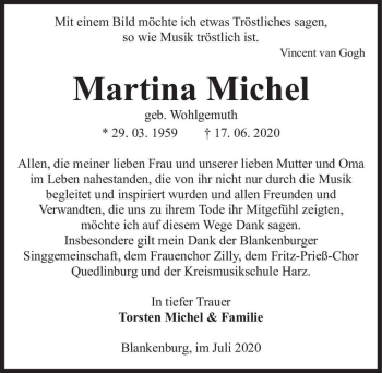 Traueranzeige von Martina Michel (geb. Wohlgemuth)  von Magdeburger Volksstimme