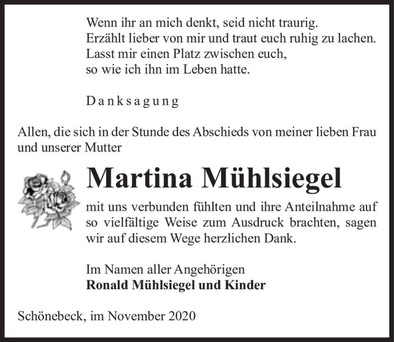  Traueranzeige für Martina Mühlsiegel  vom 05.12.2020 aus Magdeburger Volksstimme