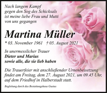 Traueranzeige von Martina Müller  von Magdeburger Volksstimme
