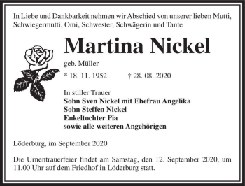 Traueranzeige von Martina Nickel (geb. Müller)  von Magdeburger Volksstimme