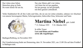 Traueranzeige von Martina Niebel (geb. Leidel)  von Magdeburger Volksstimme