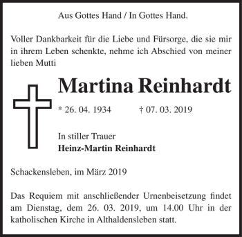 Traueranzeige von Martina Reinhardt  von Magdeburger Volksstimme