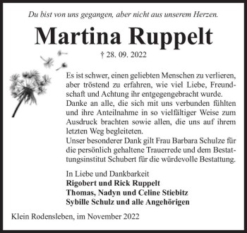 Traueranzeige von Martina Ruppelt  von Magdeburger Volksstimme