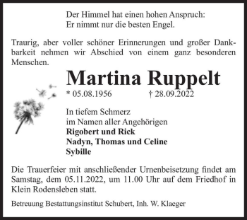 Traueranzeige von Martina Ruppelt  von Magdeburger Volksstimme