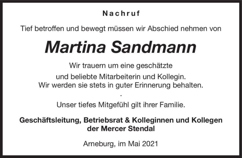  Traueranzeige für Martina Sandmann  vom 27.05.2021 aus Magdeburger Volksstimme
