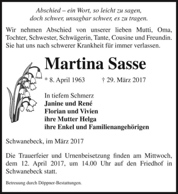 Traueranzeige von Martina Sasse  von Magdeburger Volksstimme